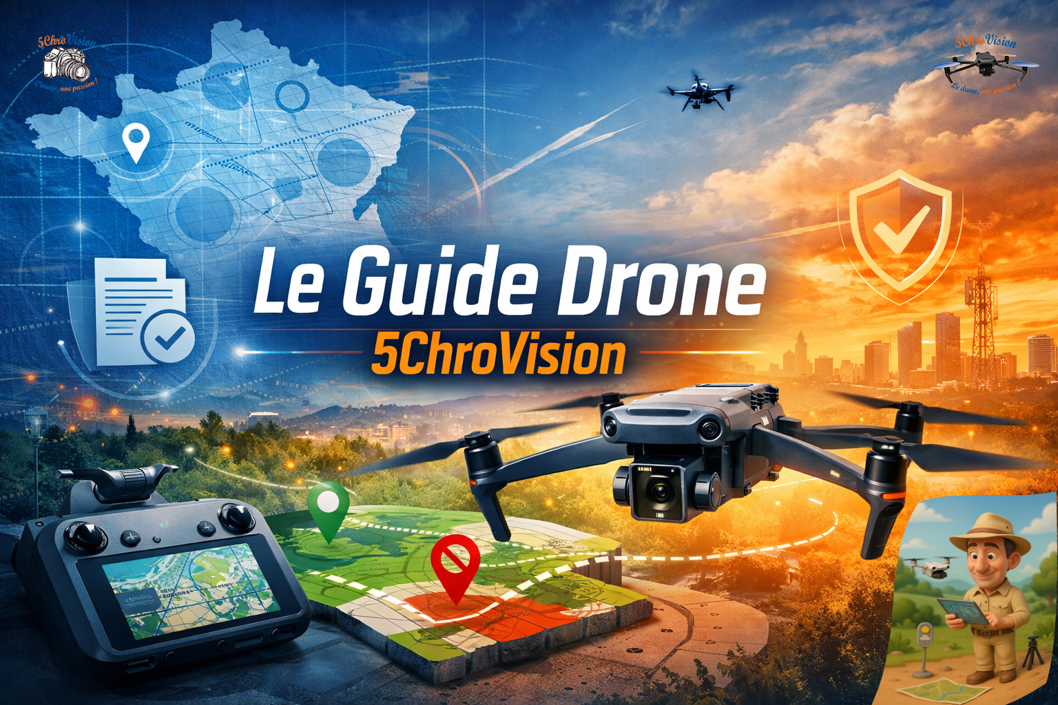 5CHROVISION By 5CHRONICITE - Le Guide Drone 5ChroVision : drone survolant la France avec zones de vol et icônes de sécurité et réglementation